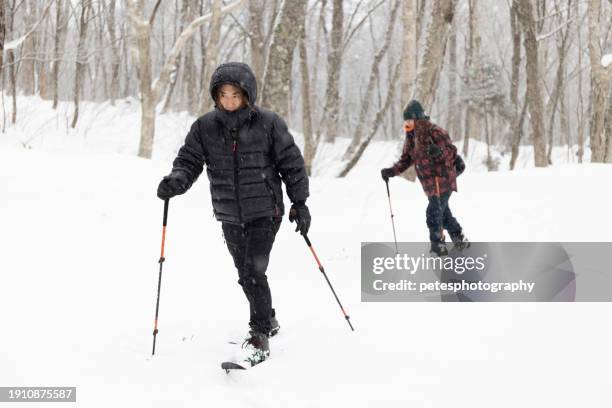 冬の山の森をスノーシューでハイキングする2人の友人 - 岩手山 ストックフォトと画像