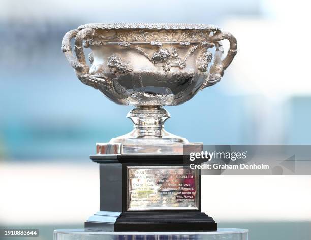 The Norman Brookes Challenge Cup is seen during a media conference ahead of the 2024 Australian Open at Melbourne Park on January 06, 2024 in...