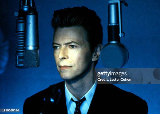 English singer David Bowie performs on the set of his music video Jump They Say in Los Angeles, California, March 1993.