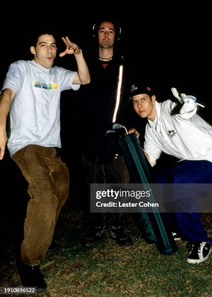 American rappers Adam "Ad-Rock" Horovitz, Adam "MCA" Yauch and Michael "Mike D" Diamond, of the American hip hop group Beastie Boys, pose for a group...