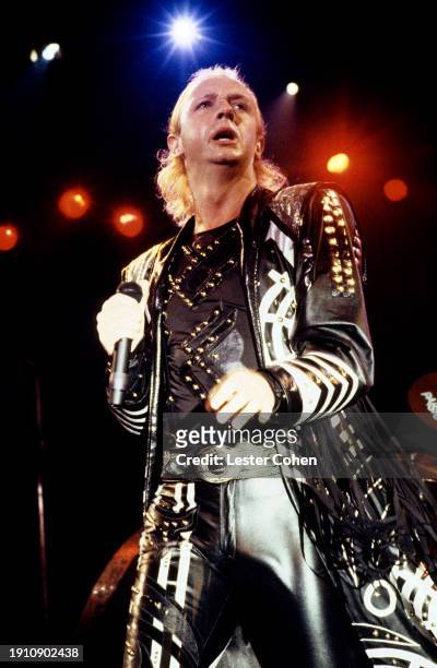 English singer Rob Halford, of the English heavy metal band Judas Priest, sings on stage during a concert in Los Angeles, California, circa 1990.