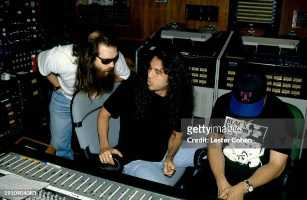 American producer Rick Rubin, musician Tom Araya, from the metal group Slayer, and rapper Ice-T work on the medley of three songs on the soundtrack...