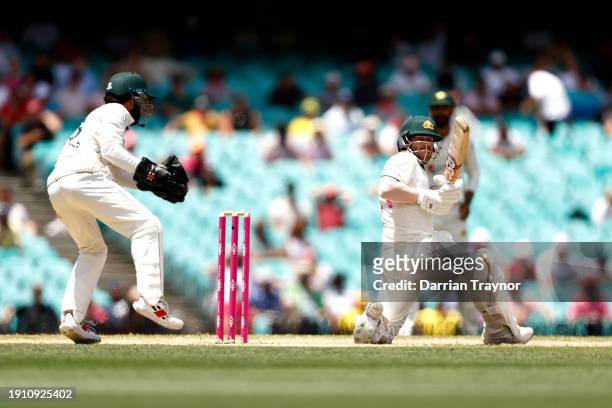 David Warner of Australia bats during day four of the Men's Third Test Match in the series between Australia and Pakistan at Sydney Cricket Ground on...