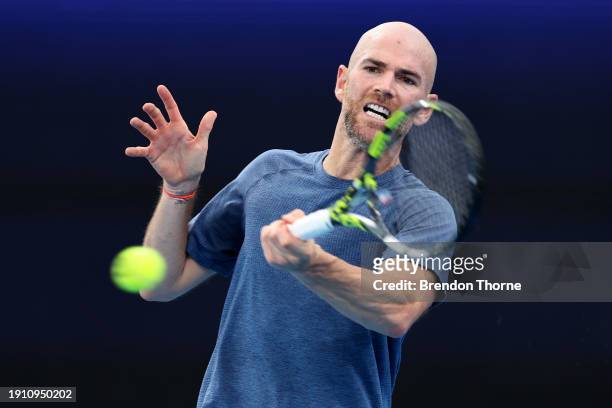 Adrian Mannarino of France plays a forehand in their semi-final match against Hubert Hurkacz of Poland during the 2024 United Cup at Ken Rosewall...