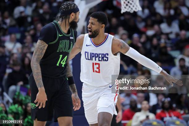 Paul George of the LA Clippers reacts during a game against the New Orleans Pelicans at the Smoothie King Center on January 05, 2024 in New Orleans,...