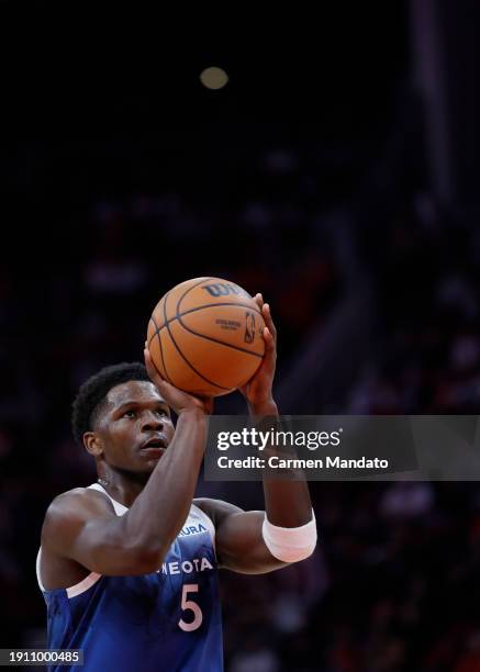 Anthony Edwards of the Minnesota Timberwolves shoots a free throw against the Houston Rockets during the first half at Toyota Center on January 05,...