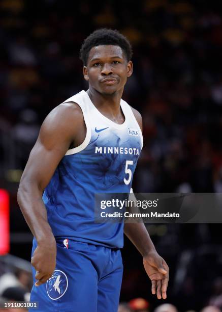 Anthony Edwards of the Minnesota Timberwolves reacts to a basket against the Houston Rockets during the first half at Toyota Center on January 05,...