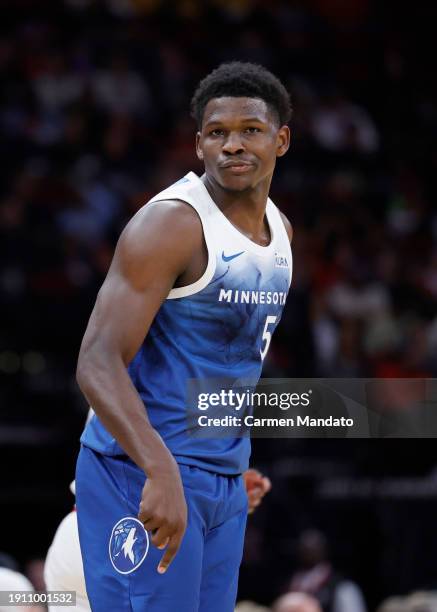 Anthony Edwards of the Minnesota Timberwolves reacts to a basket against the Houston Rockets during the first half at Toyota Center on January 05,...
