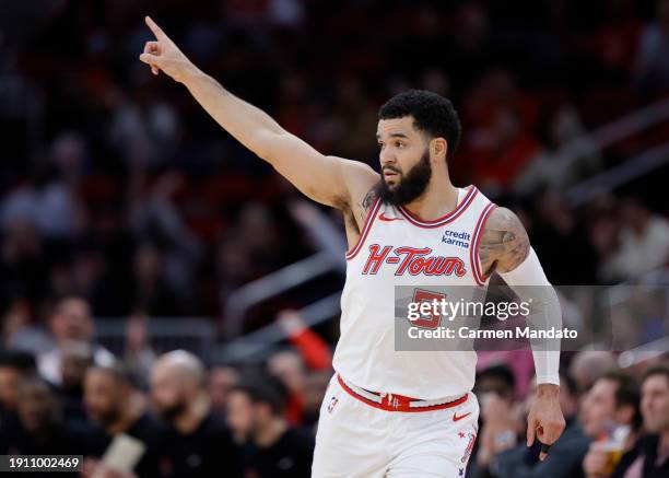 Fred VanVleet of the Houston Rockets reacts to a basket against the Minnesota Timberwolves during the first half at Toyota Center on January 05, 2024...