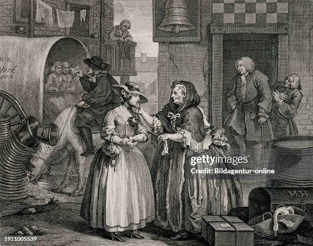 Moll Hackabout is greeted by the brothel landlady Mother Needham. The scene takes place in the courtyard of the Bell Inn, where a carriage has...