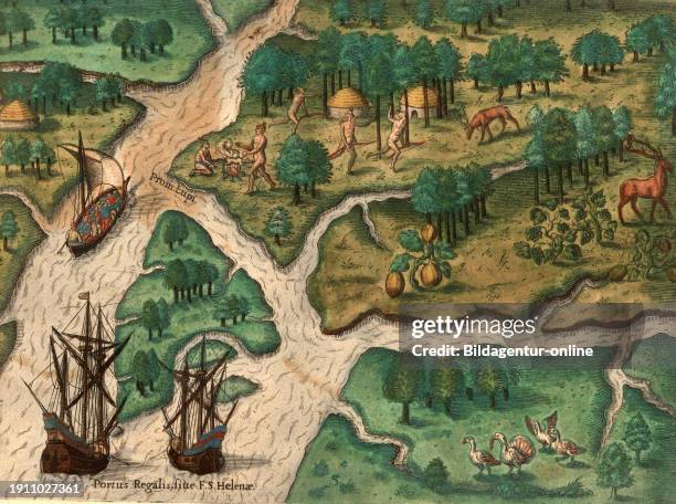 Two ships arrive at Port Royal and send a boat to Wolf's Point, where Native Americans cooking over a barbecue flee the French. Includes vines, deer...