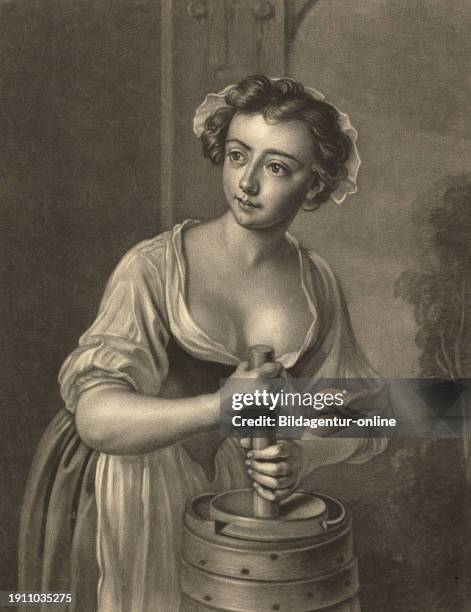 Housewife making butter in a butter churn, c. 1750, France, painting of Philippe Mercier , Historic, digitally restored reproduction of a historic...