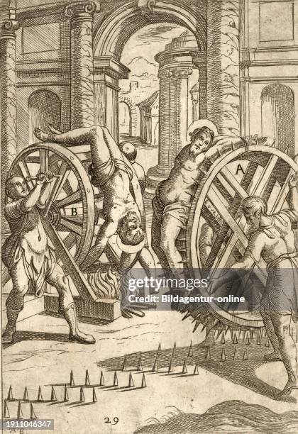 Torture, torture with a wheel with sharp points and flames, stretching wheel, Historic, digitally restored reproduction from a 19th century original.