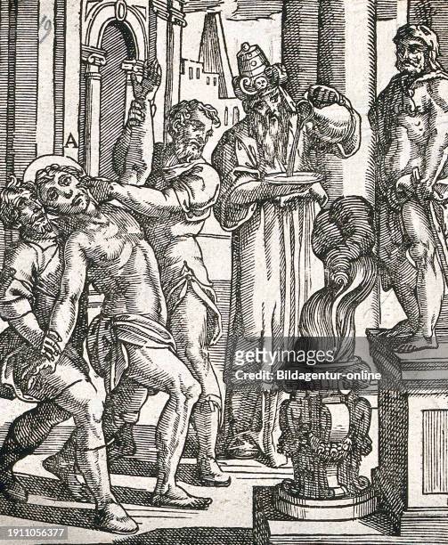 Torture victim is about to have his hand put into an open flame while a priest looks on, Historical, digitally restored reproduction from a 19th...