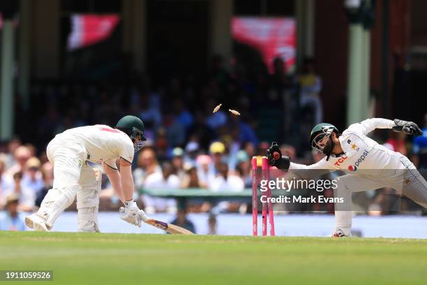 David Warner of Australia runs in an attempted stumping during day four of the Men's Third Test Match in the series between Australia and Pakistan at...