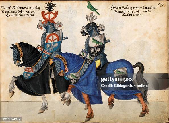 Decorated Ritter Knights on horseback in decorative armor at a knight's tournament ...