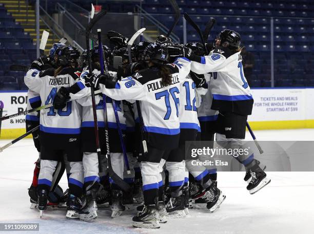 Toronto celebrates the win over New York at Total Mortgage Arena on January 05, 2024 in Bridgeport, Connecticut. Toronto defeated New York 3-2.