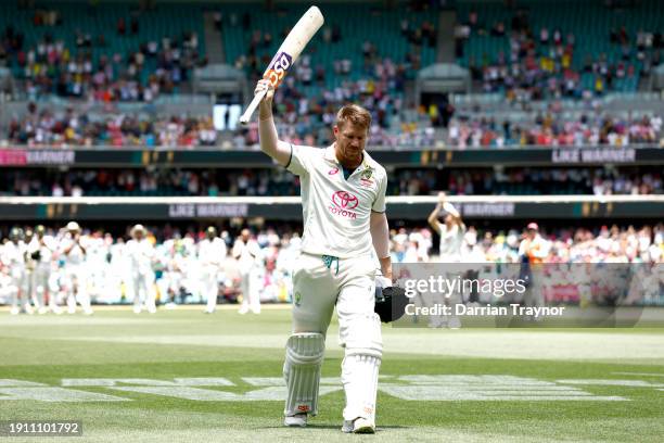 David Warner of Australia acknowledges the crowd after being dismissed by Sajid Khan of Pakistan in his final innings during day four of the Men's...