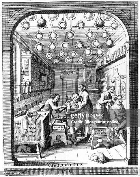 Medicine, Anatomy, Surgery, Two surgeons treat two seated male patients in a surgery, many surgeon's utensils hanging from the ceiling, c. 1700,...