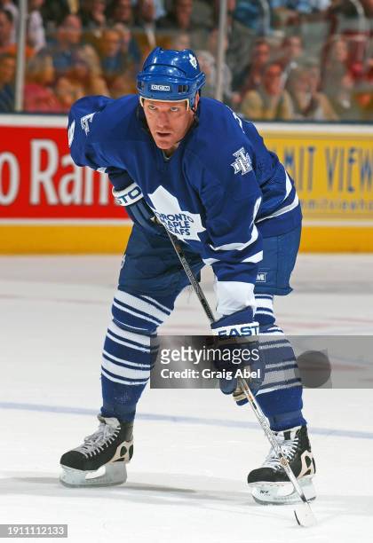Calle Johansson of the Toronto Maple Leafs skates against the Ottawa Senators during NHL playoff game action on April 8, 2004 at Air Canada Centre in...