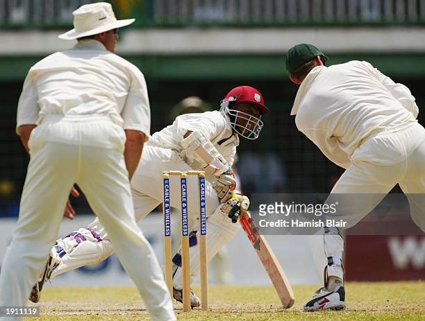 Shivnarine Chanderpaul of the West Indies in action during day one of the 1st Test between the West Indies and Australia played at Bourda Oval,...