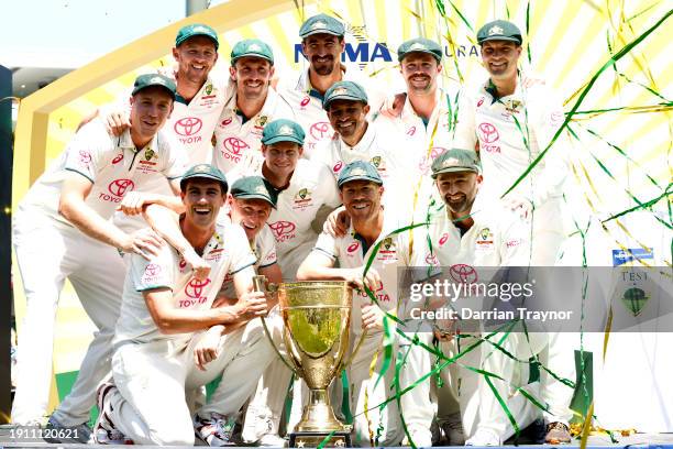 Australia celebrate after winning the series against Pakistan during day four of the Men's Third Test Match in the series between Australia and...