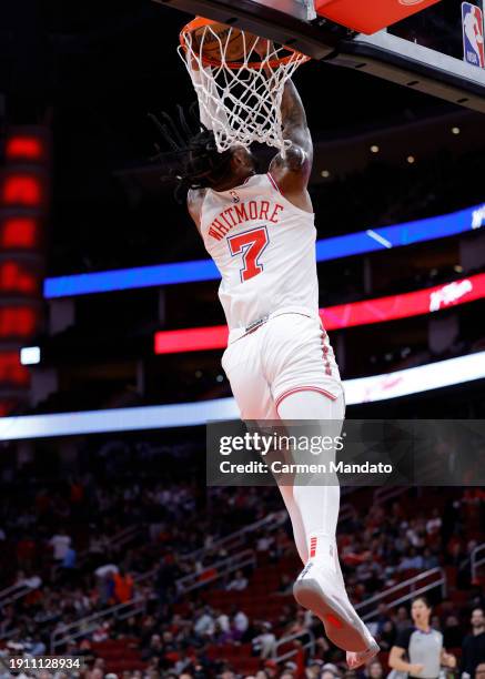 Cam Whitmore of the Houston Rockets dunks the ball against the Minnesota Timberwolves during the second half at Toyota Center on January 05, 2024 in...