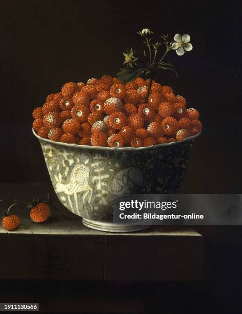 Strawberries in a Chinese Porcelain Bowl, Painting by Adriaen Coorte , Historic, Digitally restored reproduction of a historic original.