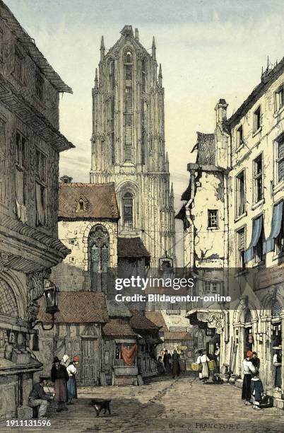 The imperial cathedral in Frankfurt am Main around 1820, Hesse, Germany, Historical, digitally restored reproduction from a 19th century original.