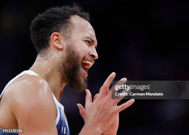 Kyle Anderson of the Minnesota Timberwolves celebrates during a time out against the Houston Rockets during the second half at Toyota Center on...