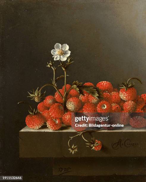 Still Life with Wild Strawberries, painting by Adriaen Coorte , Historical, digitally restored reproduction of a historical original.