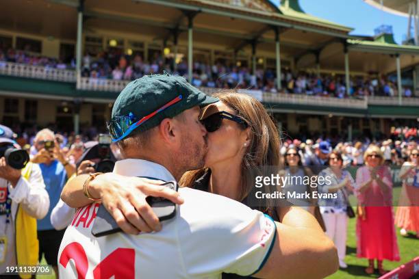 David Warner of Australia is kissed by wife Candice Warner after winning the series against Pakistan during day four of the Men's Third Test Match in...