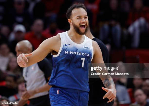 Kyle Anderson of the Minnesota Timberwolves celebrates during a time out against the Houston Rockets during the second half at Toyota Center on...