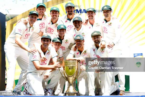 Australia celebrate after winning the series against Pakistan during day four of the Men's Third Test Match in the series between Australia and...