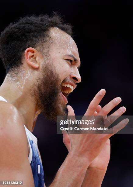 Kyle Anderson of the Minnesota Timberwolves celebrates during a time out against the Houston Rockets during the second half at Toyota Center on...