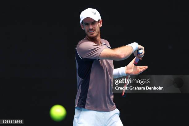 Andy Murray of Great Britain plays a forehand during a training session ahead of the 2024 Australian Open at Melbourne Park on January 06, 2024 in...