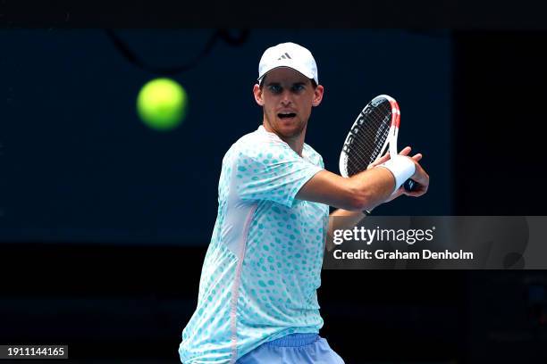 Dominic Thiem of Austria plays a forehand during a training session ahead of the 2024 Australian Open at Melbourne Park on January 06, 2024 in...