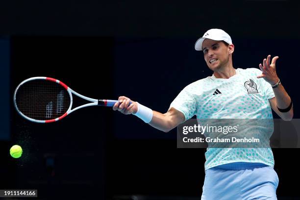 Dominic Thiem of Austria plays a forehand during a training session ahead of the 2024 Australian Open at Melbourne Park on January 06, 2024 in...