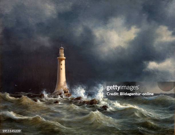 Eddystone Lighthouse, Eddystone Lighthouse, Eddystone Lighthouse, a lighthouse off the coast of Cornwall, England, painting by Anton Melbye,...