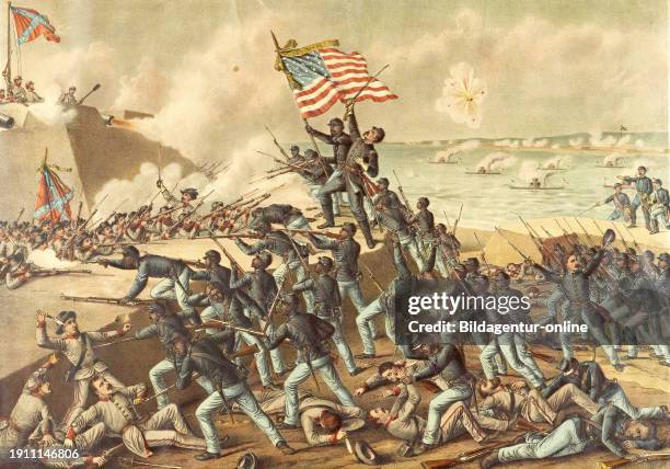 Fort Wagner or Battery Wagner was a beach fortification on Morris Island, South Carolina. US soldiers attacking Confederates at the fort, 18 July...