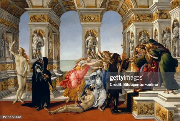 The Calumny of Apelles, an allegorical painting by the Italian painter Sandro Botticelli, Apelles was one of the most important painters of ancient...