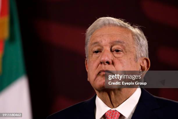 January 8 Mexico City, Mexico: The president of Mexico, Andres Manuel Lopez Obrador at a press conference before reporters at the National Palace. .