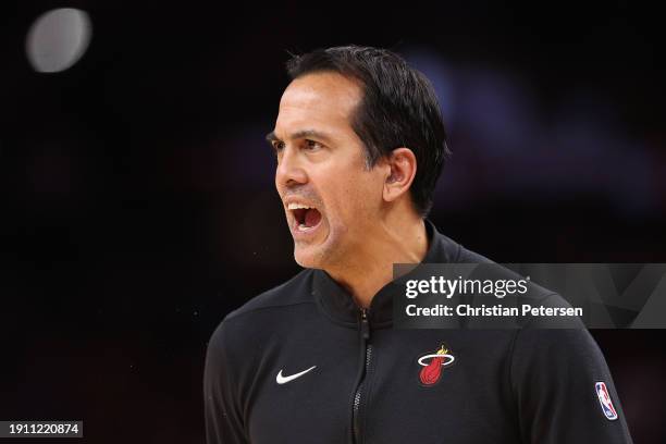 Head coach Erik Spoelstra of the Miami Heat reacts during the second half of the NBA game against the Phoenix Suns at Footprint Center on January 05,...