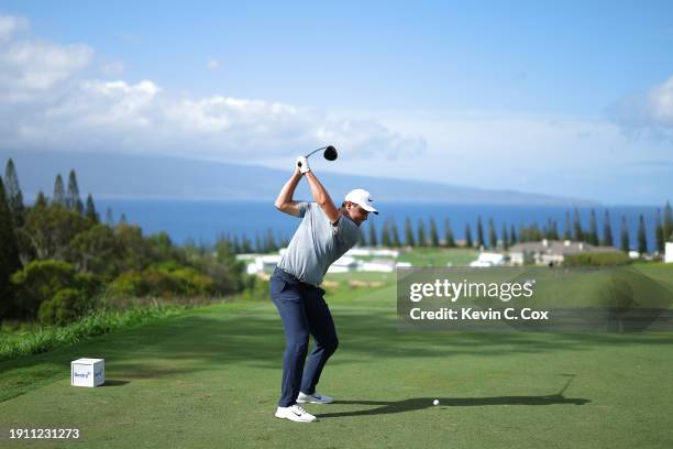 Scottie Scheffler of the United States plays his shot from the 18th tee during the second round of The Sentry at Plantation Course at Kapalua Golf...