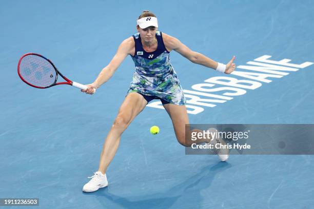 Elena Rybakina plays a forehand in the Womans Semi Final match against Linda Noskova during day seven of the 2024 Brisbane International at...