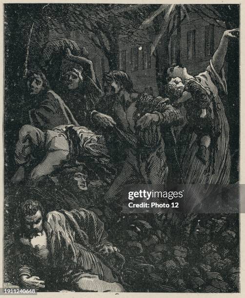 The dead. Book III, chapter X. Illustrator: T. Schuler. Illustration from a set of engravings published in the Volume XIV of Victor Hugo's 'Oeuvres...