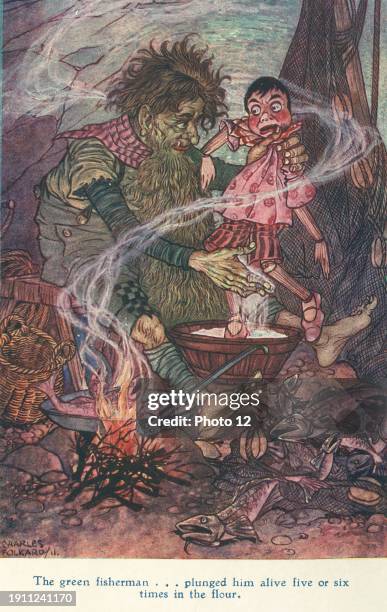 The Adventures of Pinocchio ': The green fisherman.. Plunged him alice five or six times in the flour. Illustration from "Pinocchio, tale of a...