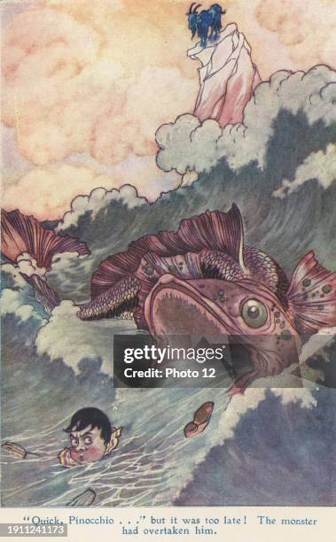 The Adventures of Pinocchio ': It was then that a horrible head appeared, that of a sea monster that was coming. Its wide open mouth was a chasm and...