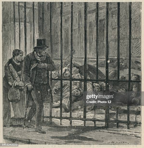 Behind the bars of the Cite Bergere. Book VI, chapter XI. Illustrator: D. Maillard. Illustration from a set of engravings published in the Volume XIV...