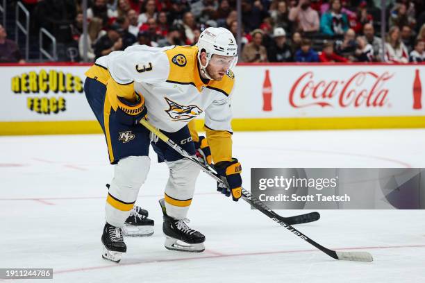 Jeremy Lauzon of the Nashville Predators lines up against the Washington Capitals during the second period of the game at Capital One Arena on...